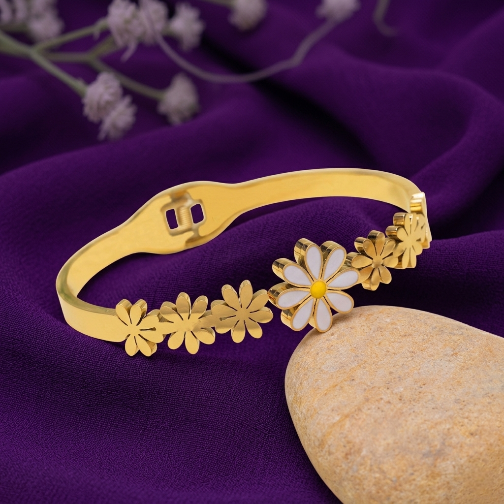 Anti-Tarnish Gold-Plated Floral Bangle Style Bracelet