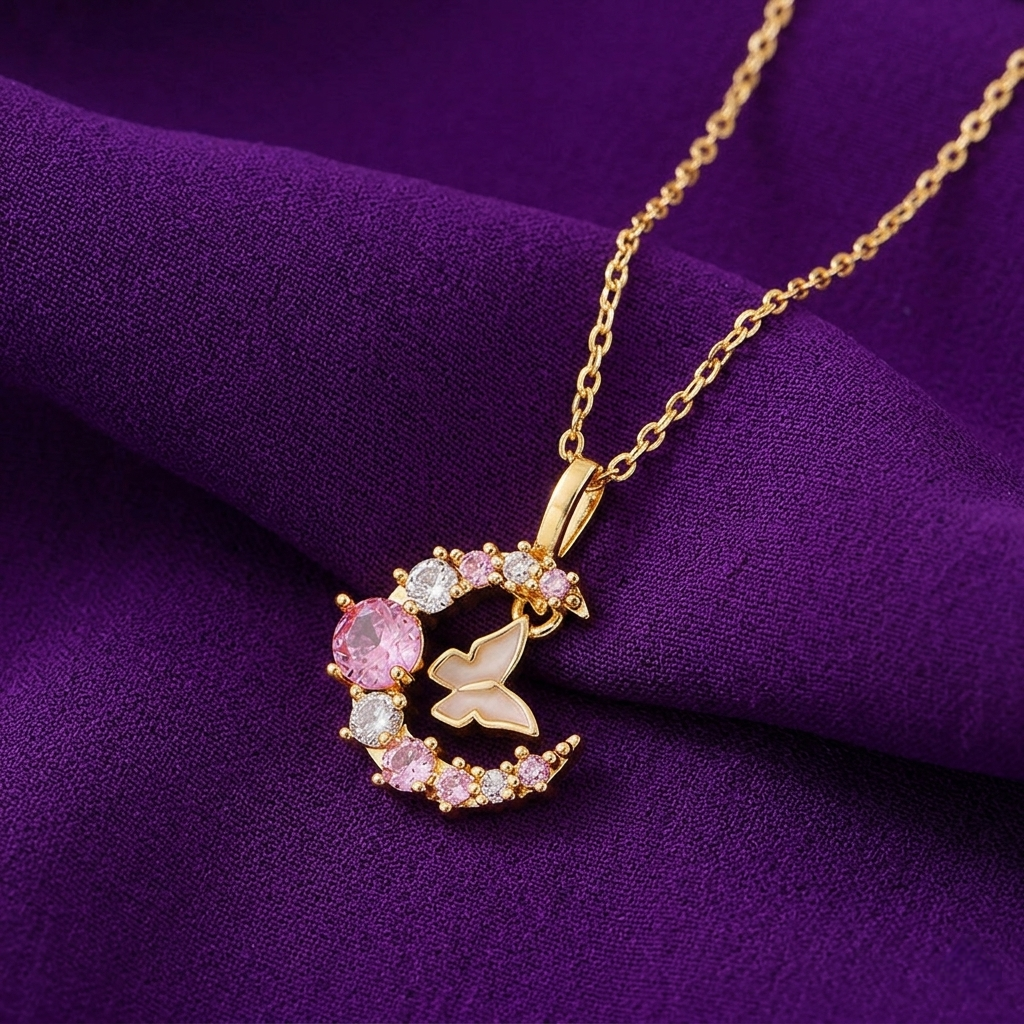 Gold-Plated Anti-Tarnish Stainless Steel Butterfly-Moon Pendant