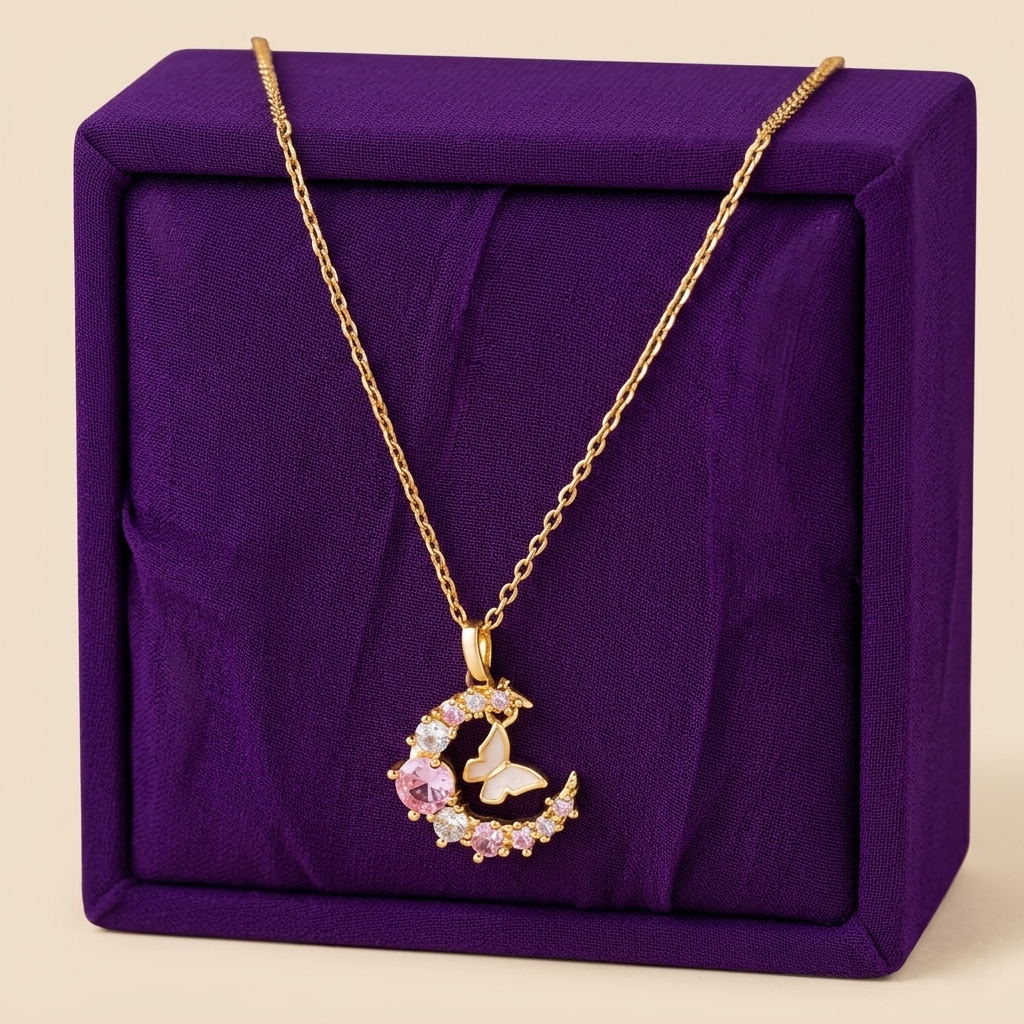 Gold-Plated Anti-Tarnish Stainless Steel Butterfly-Moon Pendant