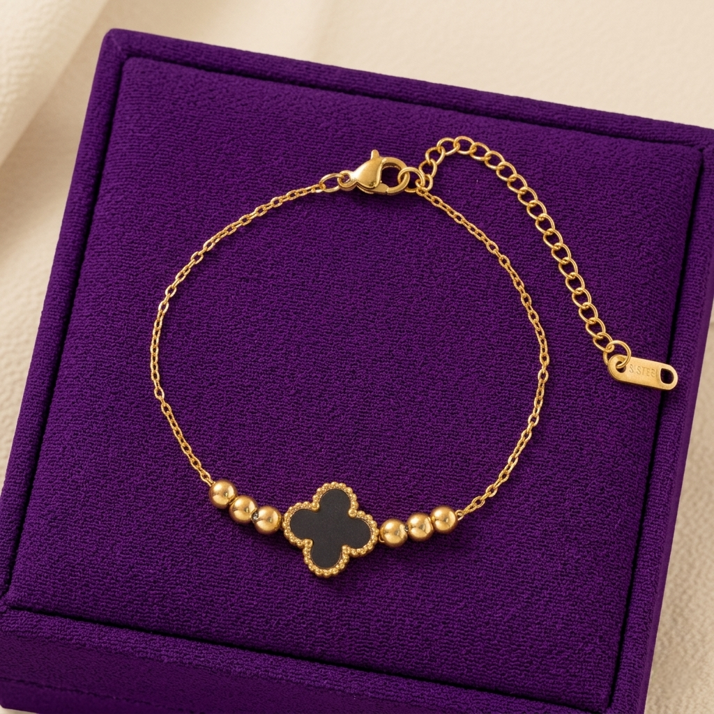 Gold-Plated Stainless Steel Anti-Tarnish Black Clover Wraparound Bracelet