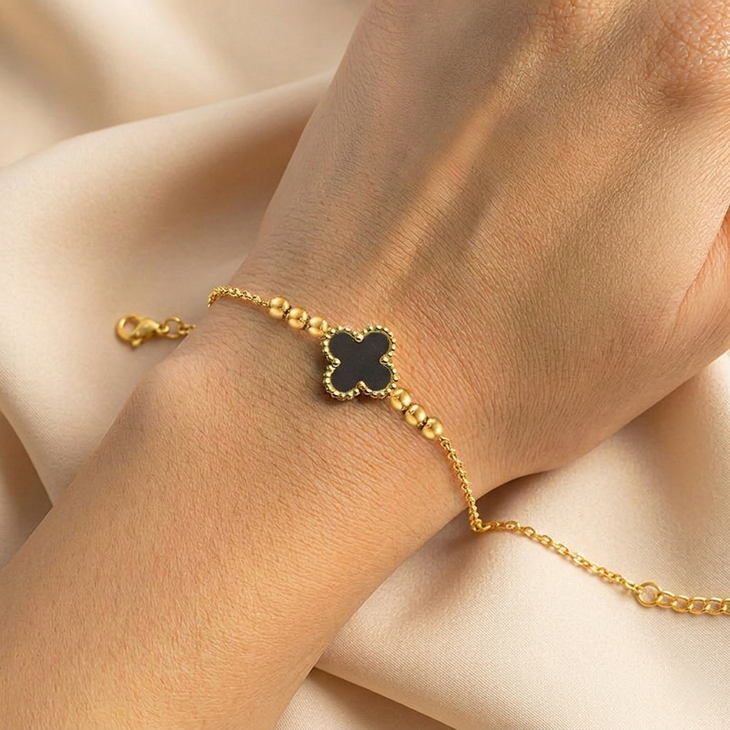 Gold-Plated Stainless Steel Anti-Tarnish Black Clover Wraparound Bracelet