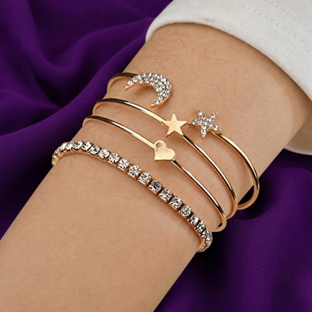 American Diamond Star and Moon Bracelet Set of 4