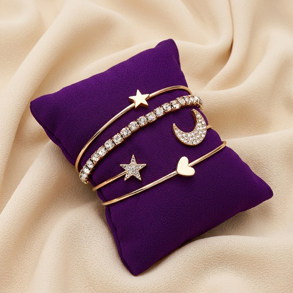 American Diamond Star and Moon Bracelet Set of 4