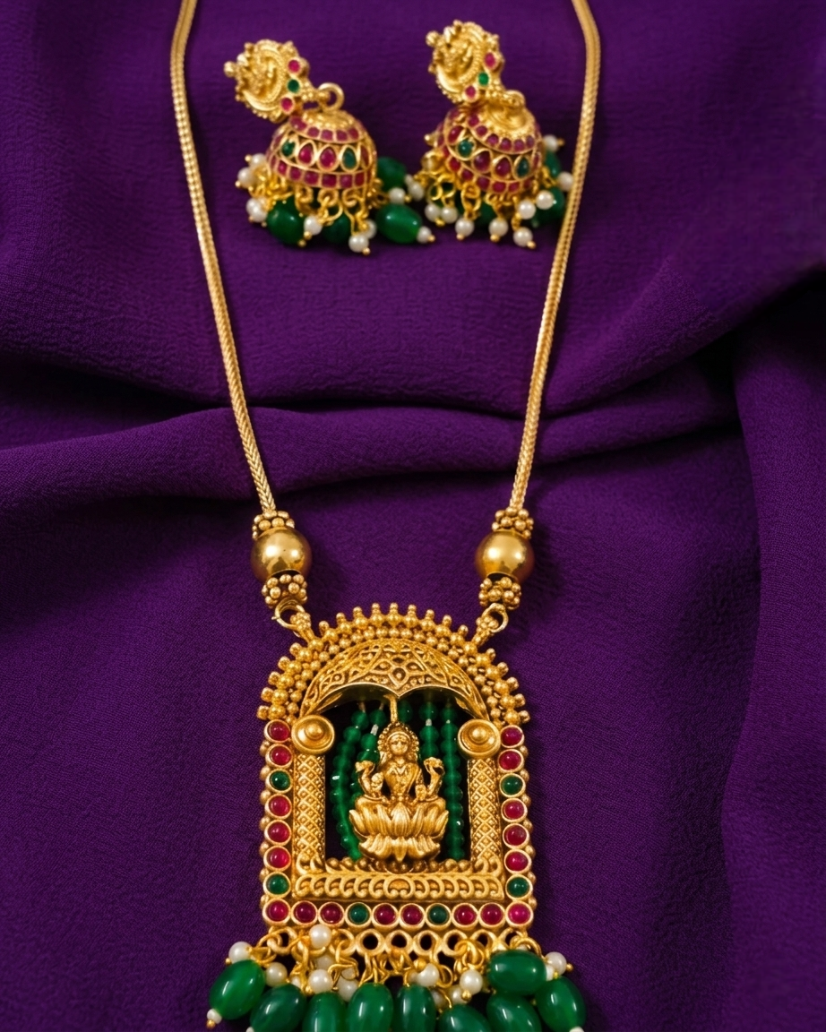 Traditional Lakshmi Pendant Mid-Long Necklace Set