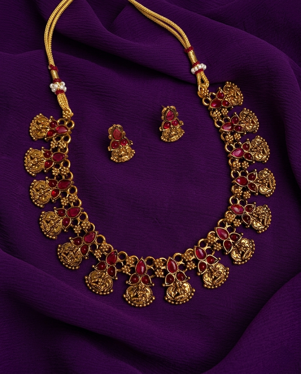 Antique Ruby Temple Coin Necklace Set