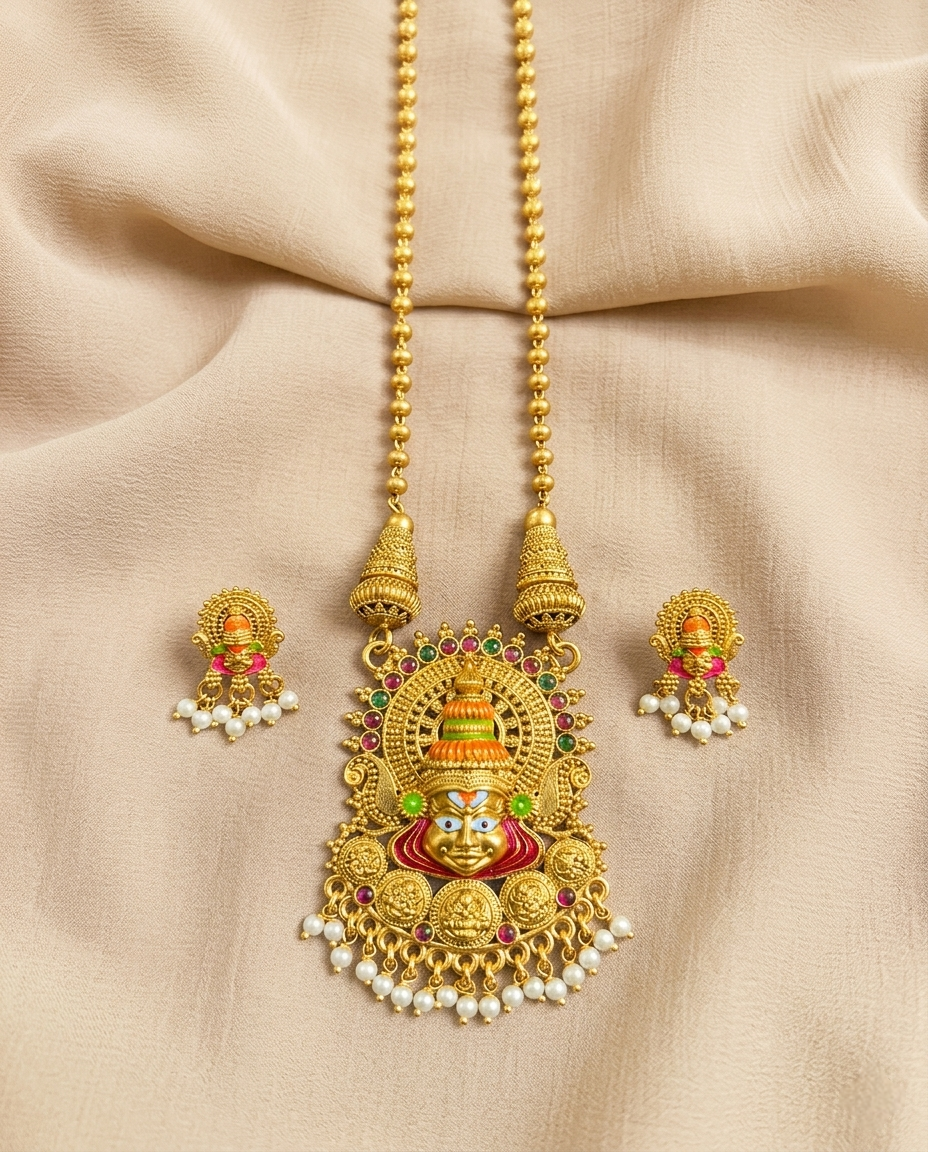 Traditional Temple Face Pendant Long Necklace Set
