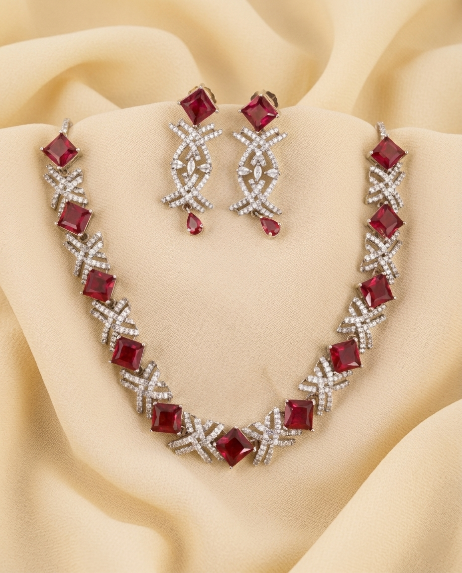 Square Stone American Diamond Necklace Set