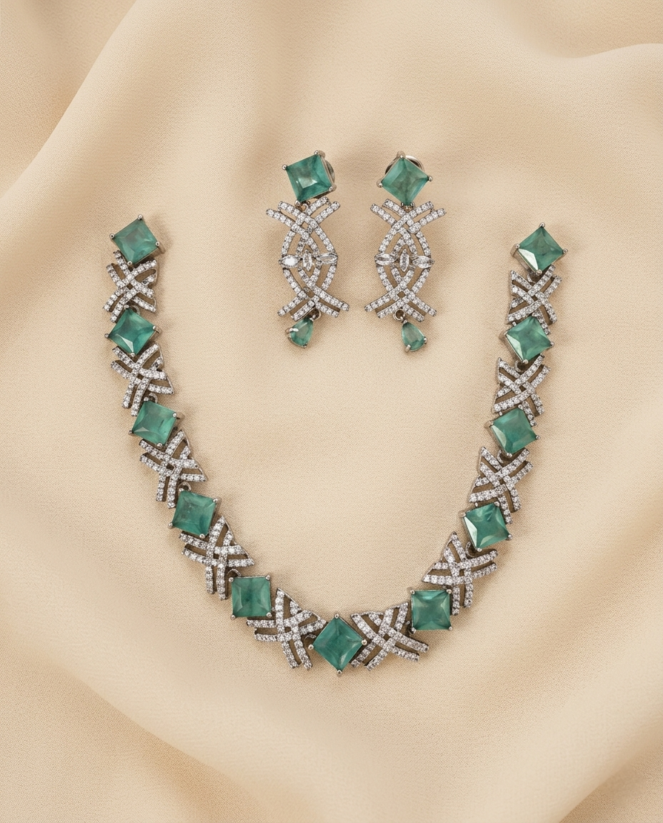 Square Stone American Diamond Necklace Set