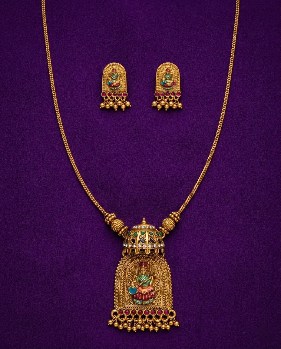 Temple Pendant Necklace Set with Enamel Detailing