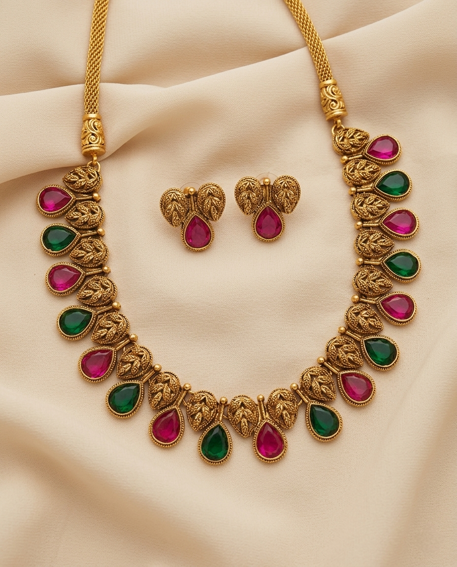 Antique Leaf Drop Stone Necklace Set