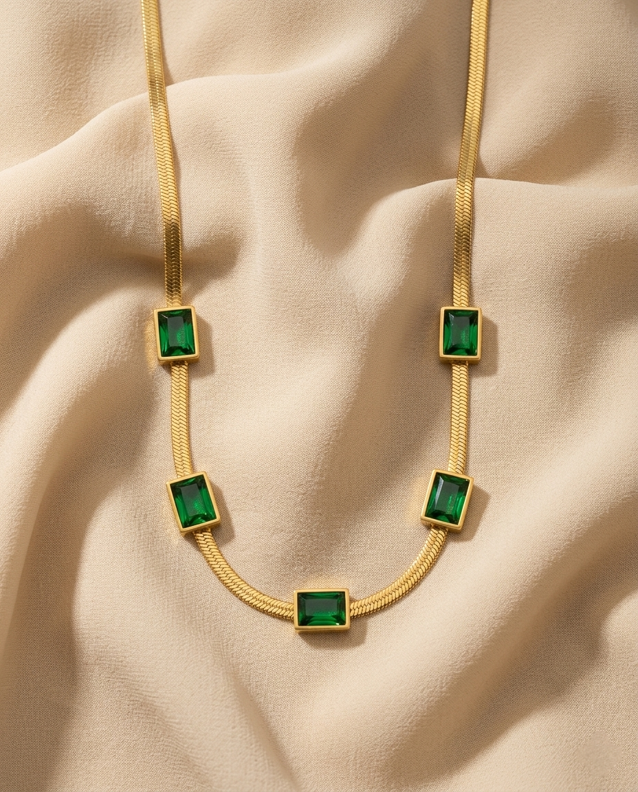 Gold-Plated Stainless Steel Anti-Tarnish Emerald Studded Snake Chain Necklace