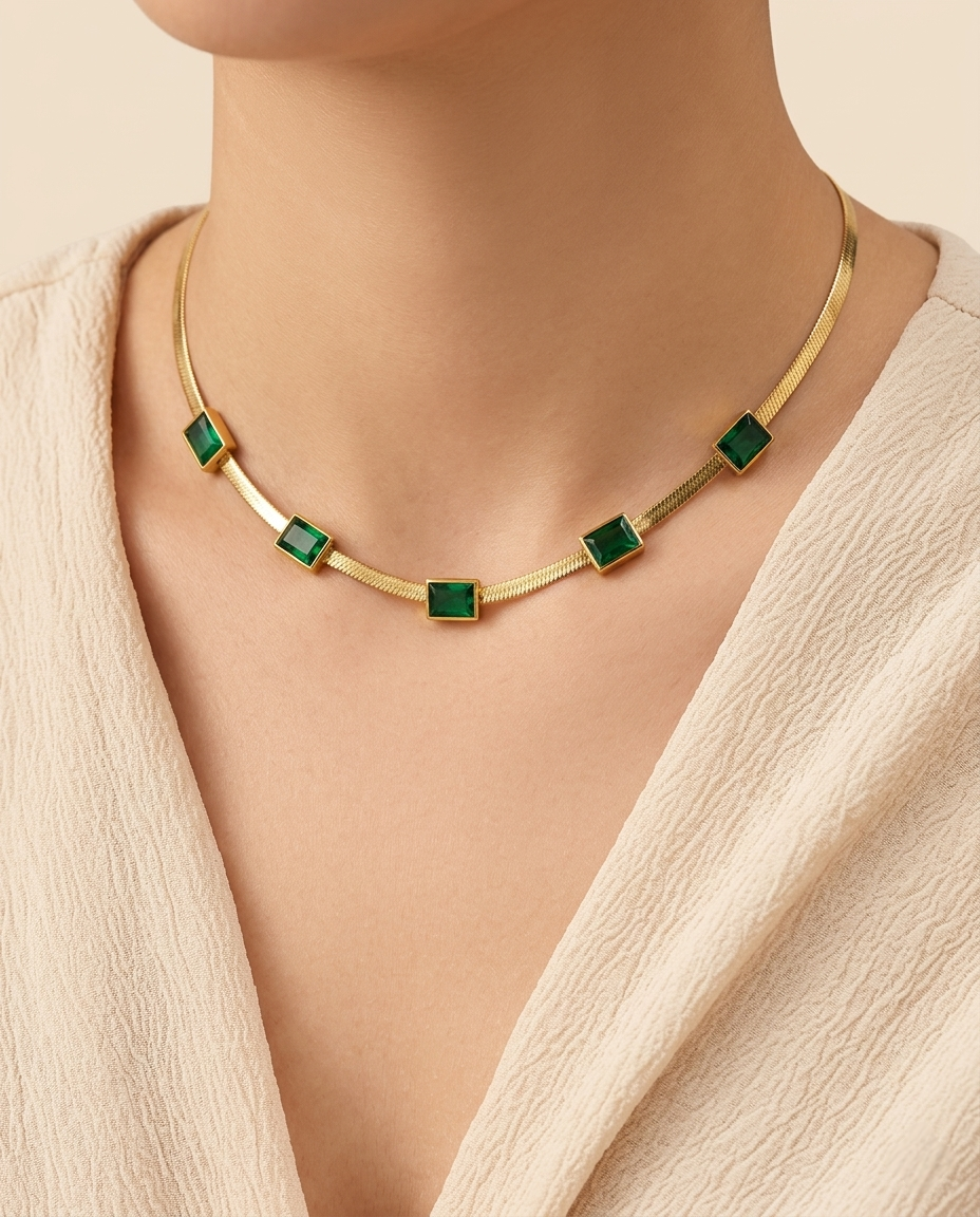 Gold-Plated Stainless Steel Anti-Tarnish Emerald Studded Snake Chain Necklace