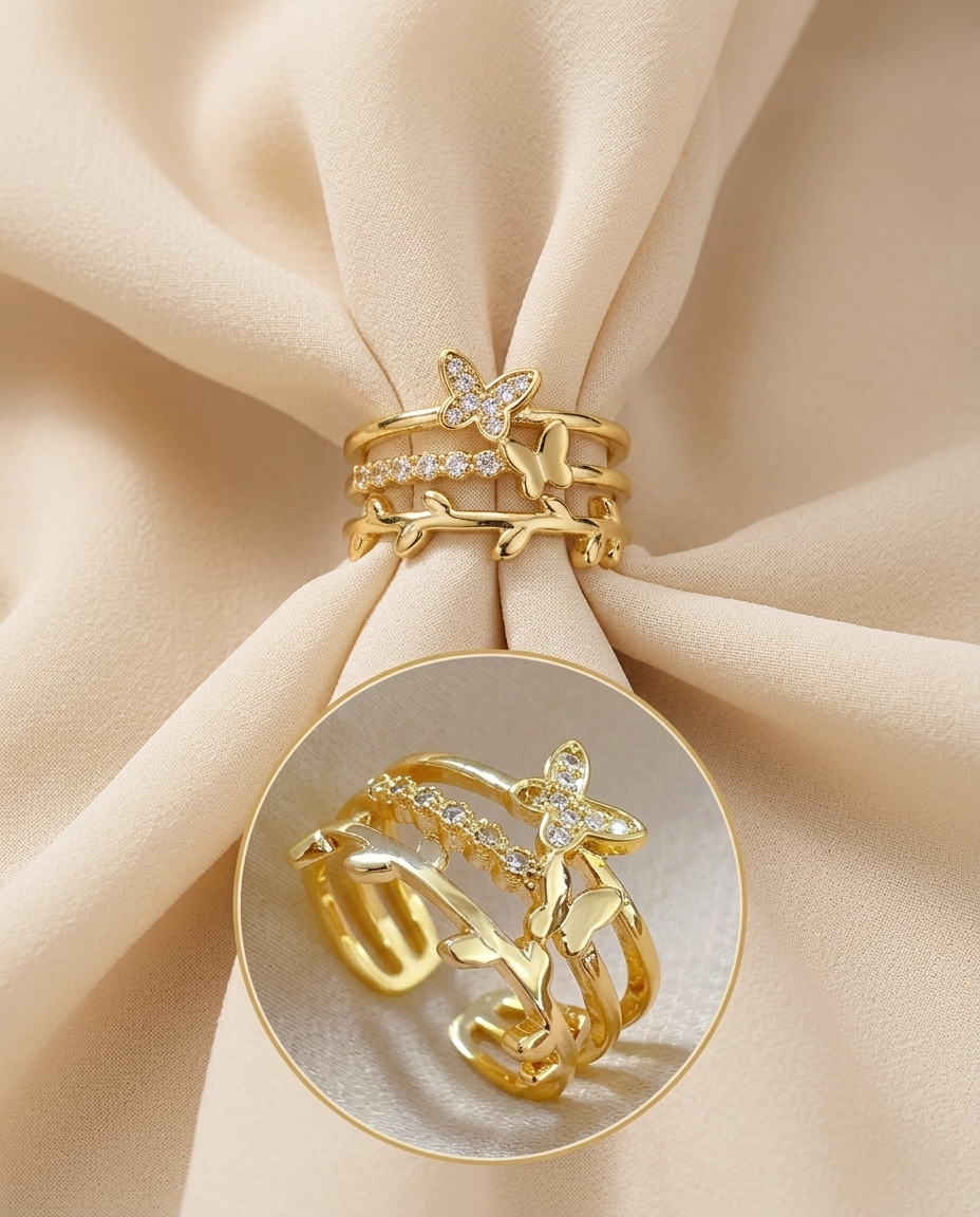Gold-Plated Anti-Tarnish Stainless Steel Butterfly Adjustable Finger Ring