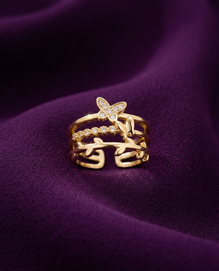 Gold-Plated Anti-Tarnish Stainless Steel Butterfly Adjustable Finger Ring