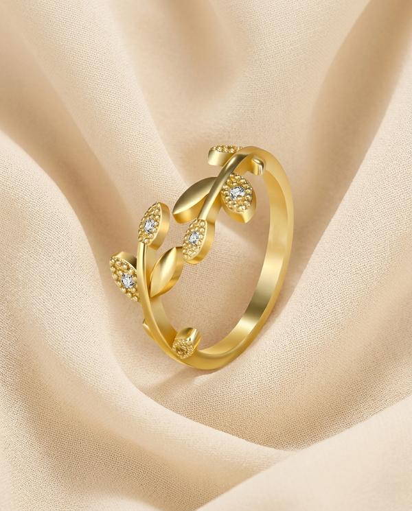 Gold-Plated American Diamond Studded Leaf-Inspired Korean Finger Ring