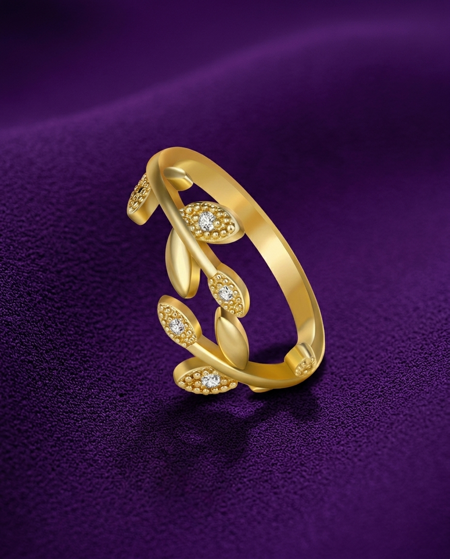 Gold-Plated American Diamond Studded Leaf-Inspired Korean Finger Ring