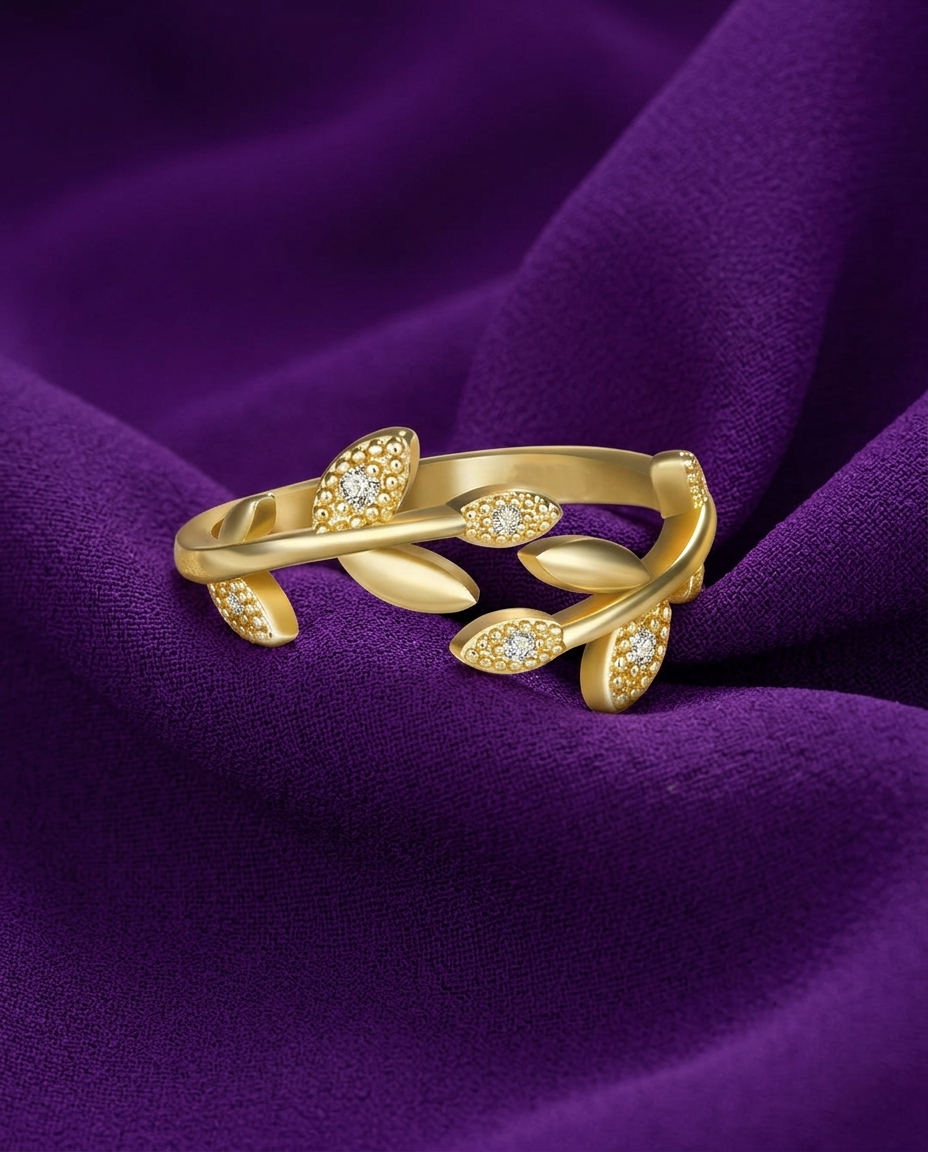 Gold-Plated American Diamond Studded Leaf-Inspired Korean Finger Ring