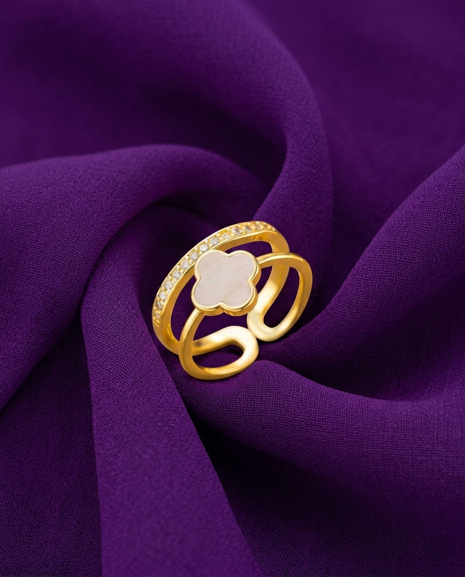 Gold-Plated Anti-Tarnish Stainless Steel Clover Adjustable Finger Ring