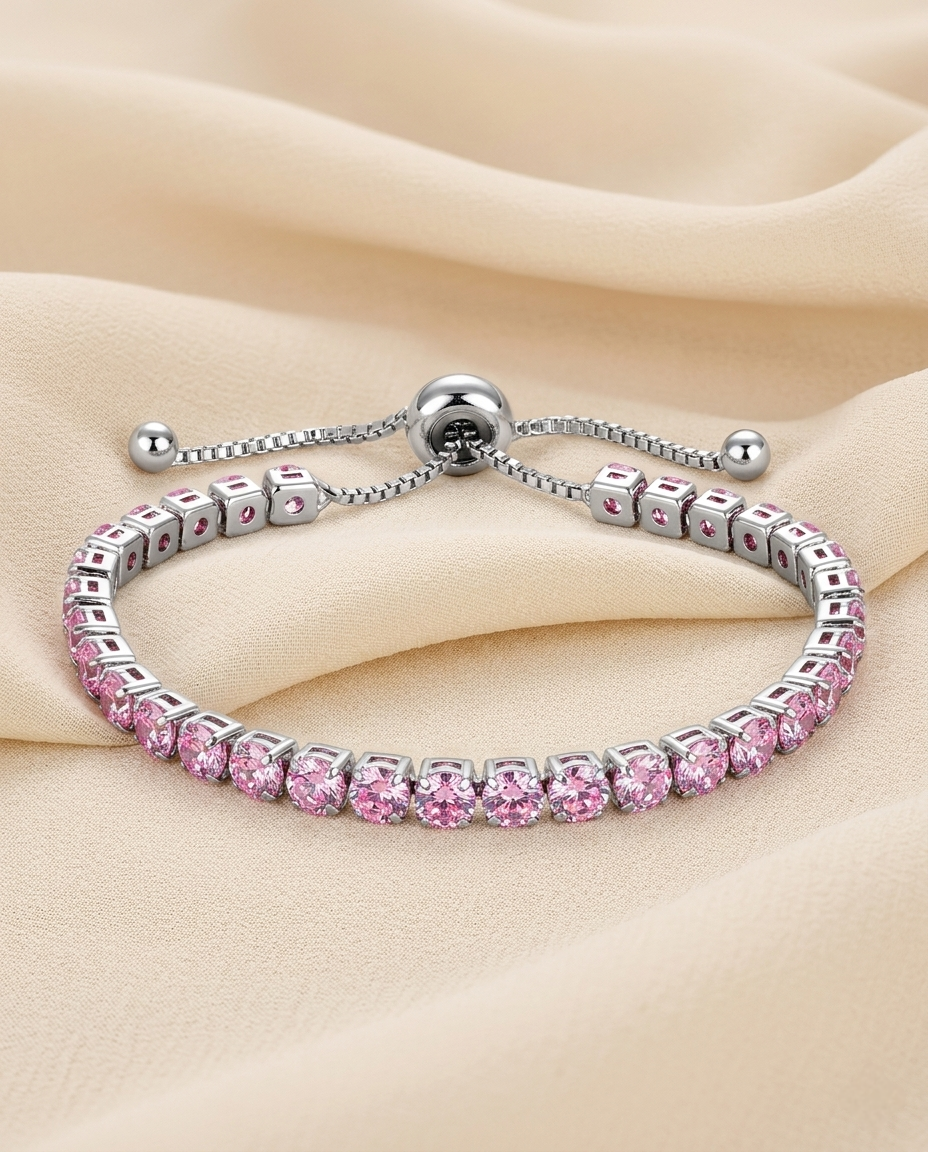Silver-Plated Anti-Tarnish Pink Cubic Zirconia Tennis Bracelet