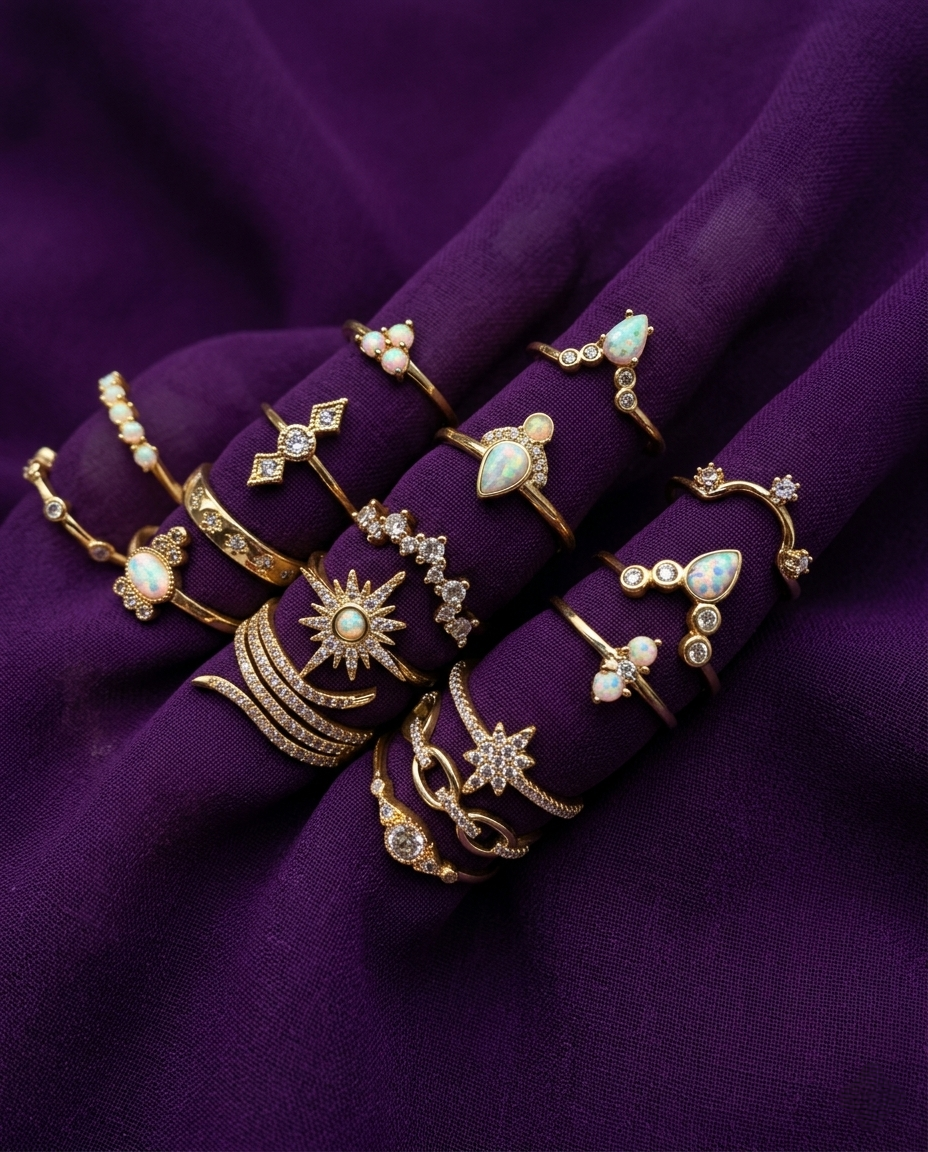 Exclusive American Diamond Studded Floral Gold-Plated Ring Set of 17 for Women