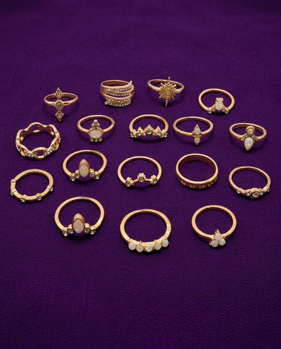 Exclusive American Diamond Studded Floral Gold-Plated Ring Set of 17 for Women