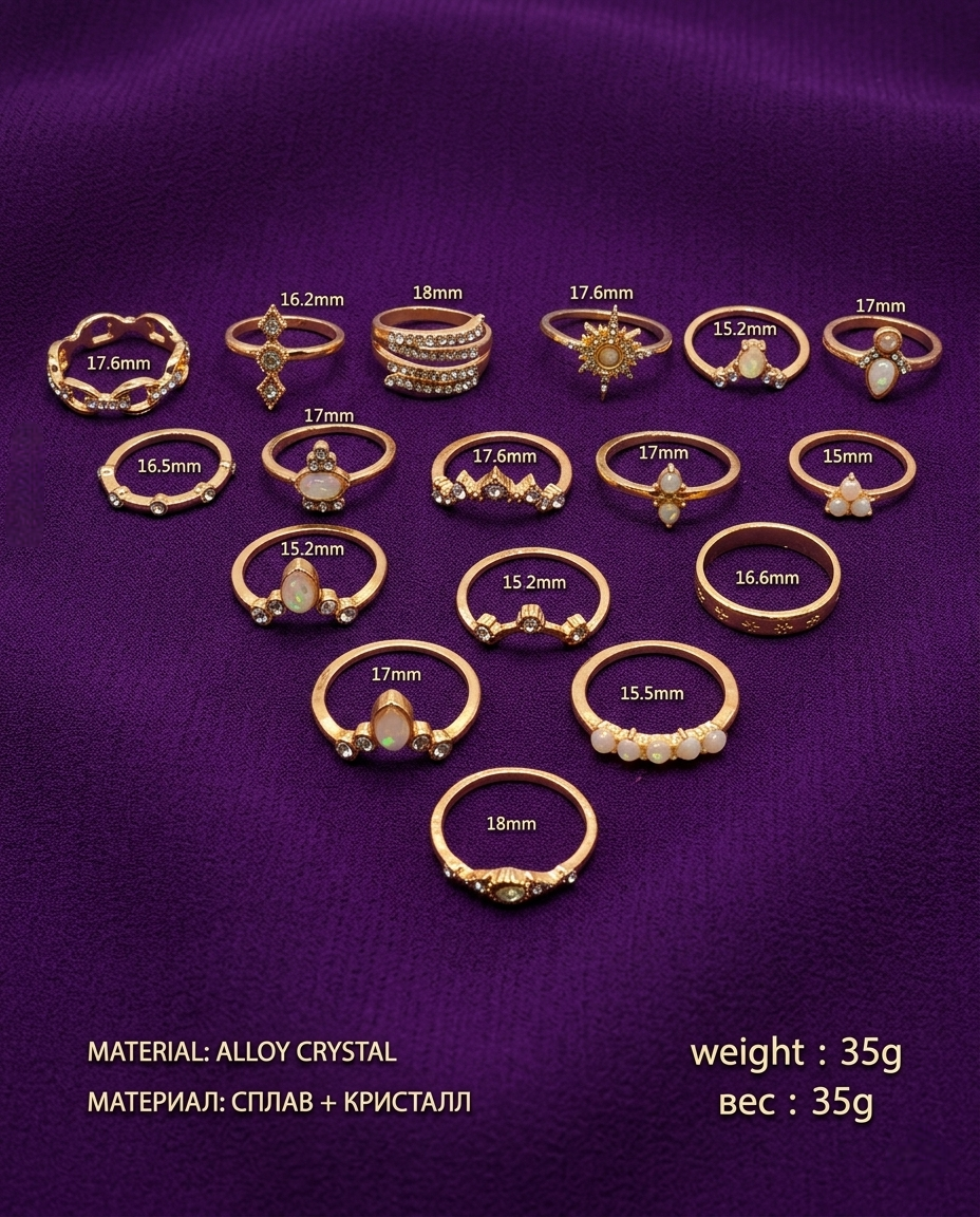 Exclusive American Diamond Studded Floral Gold-Plated Ring Set of 17 for Women