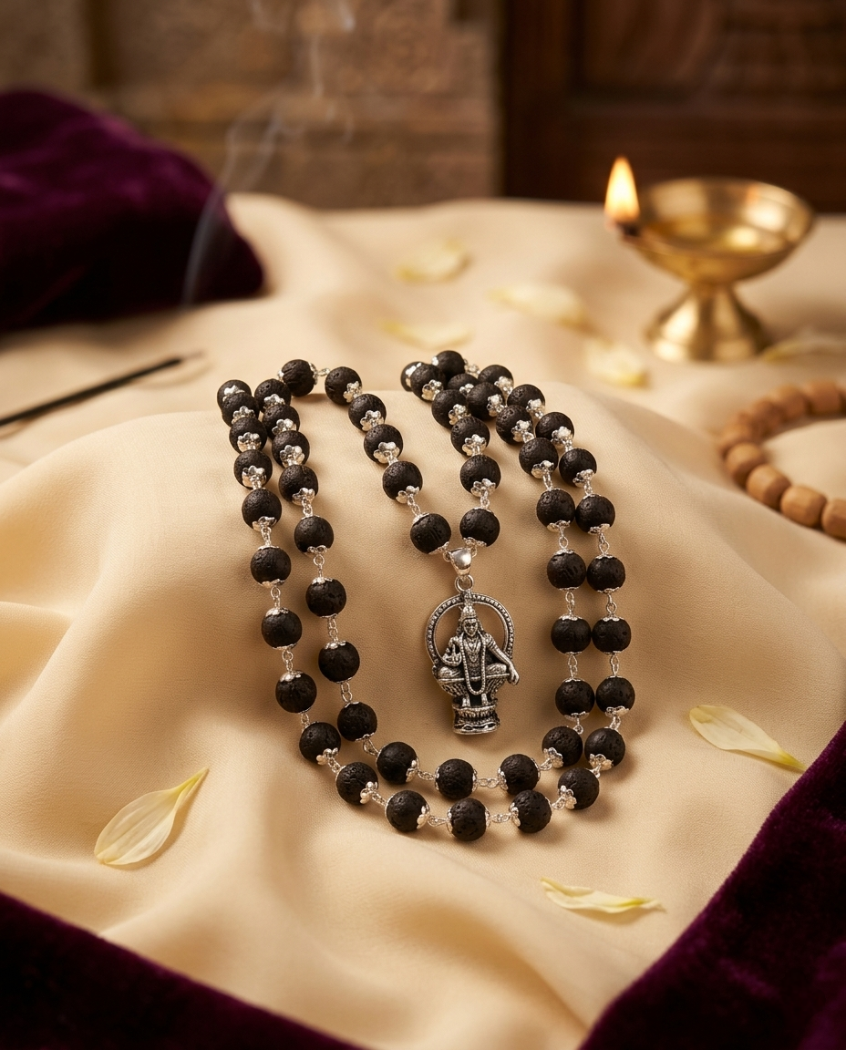 Original 7MM  German Silver Cap Karungali Mala with lord Ayyappa Pendant, 54 Beads, Lab Certified