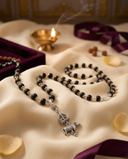 Original 7MM  German Silver Cap Karungali Mala with Trishool Nandi Pendant, 54 Beads, Lab Certified