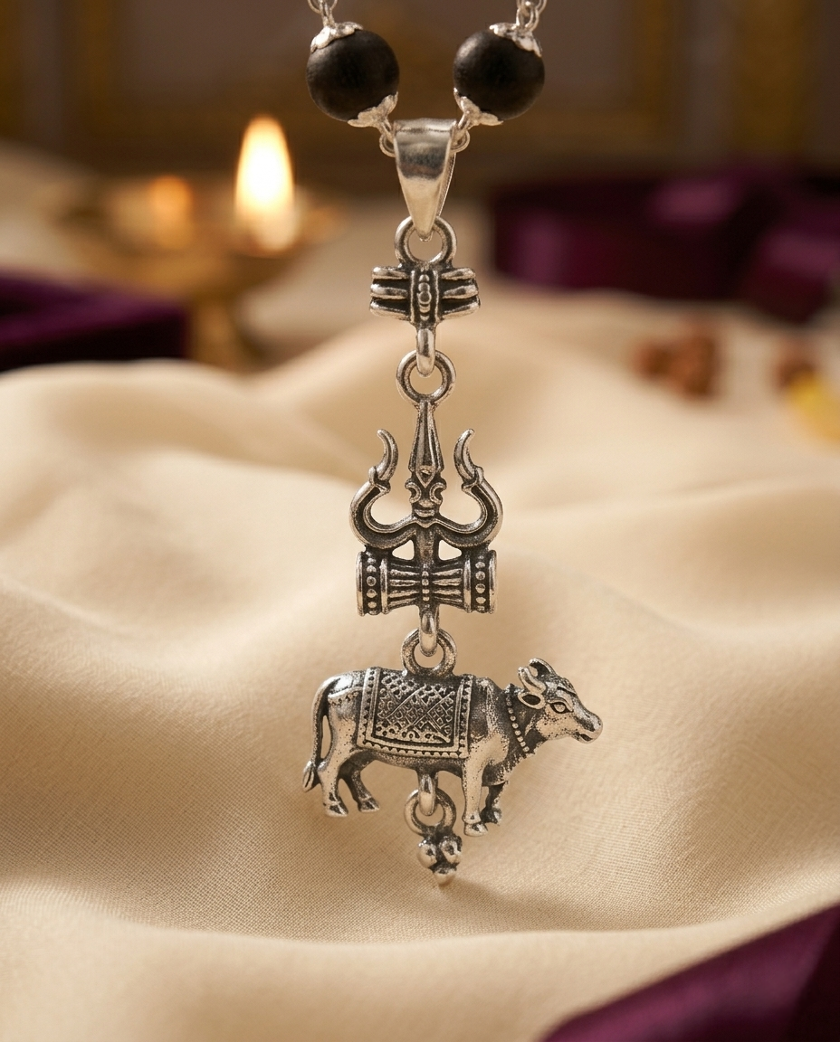 Original 7MM  German Silver Cap Karungali Mala with Trishool Nandi Pendant, 54 Beads, Lab Certified