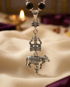 Original 7MM  German Silver Cap Karungali Mala with Trishool Nandi Pendant, 54 Beads, Lab Certified