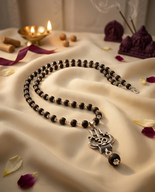 Original 7MM  German Silver Cap Karungali Mala with Om locket, 54 Beads, Lab Certified - AE