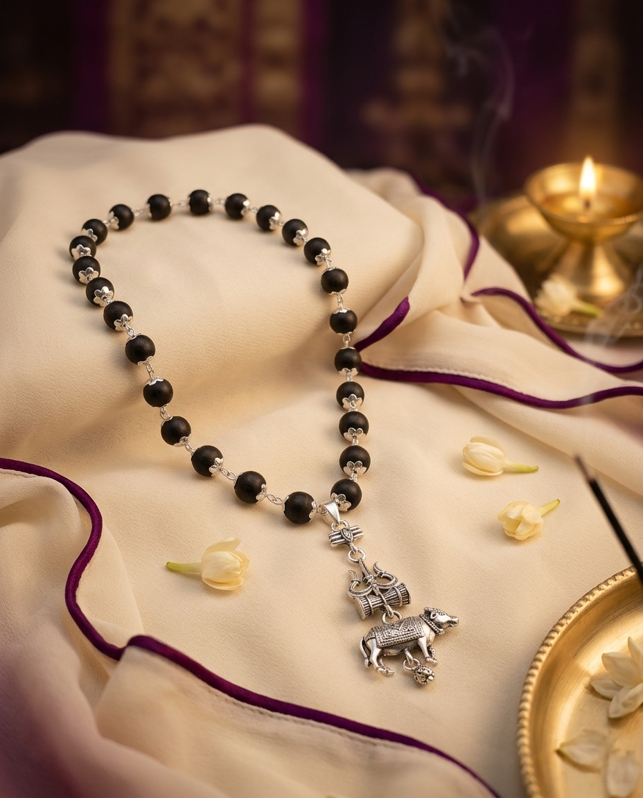 Original 7MM  German Silver Cap Karungali Mala with Trishool Nandi Pendant, 54 Beads, Lab Certified