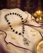 Original 7MM  German Silver Cap Karungali Mala with Trishool Nandi Pendant, 54 Beads, Lab Certified