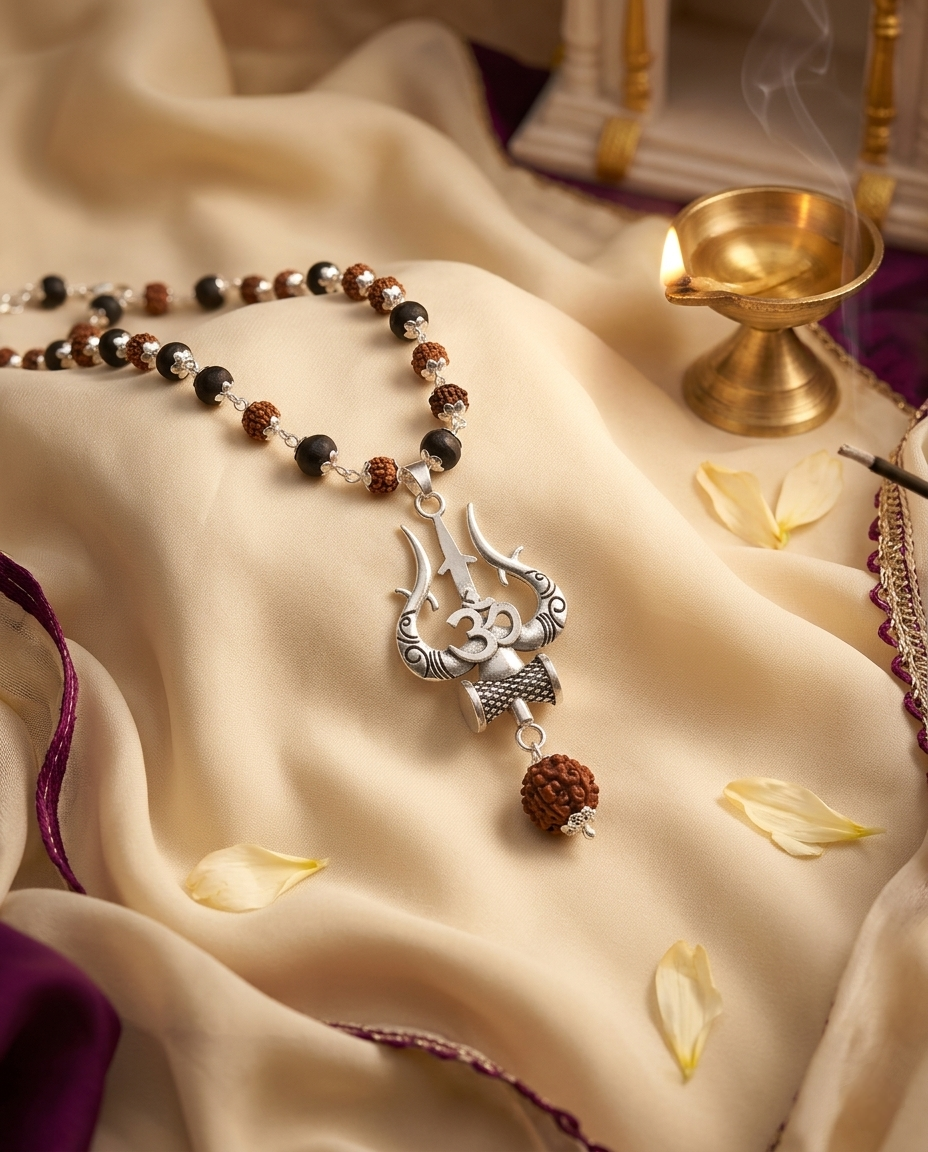 Original 7MM  German Silver Cap Karungali and Rudraksha Mala with Om locket, 54 Beads, Lab Certified