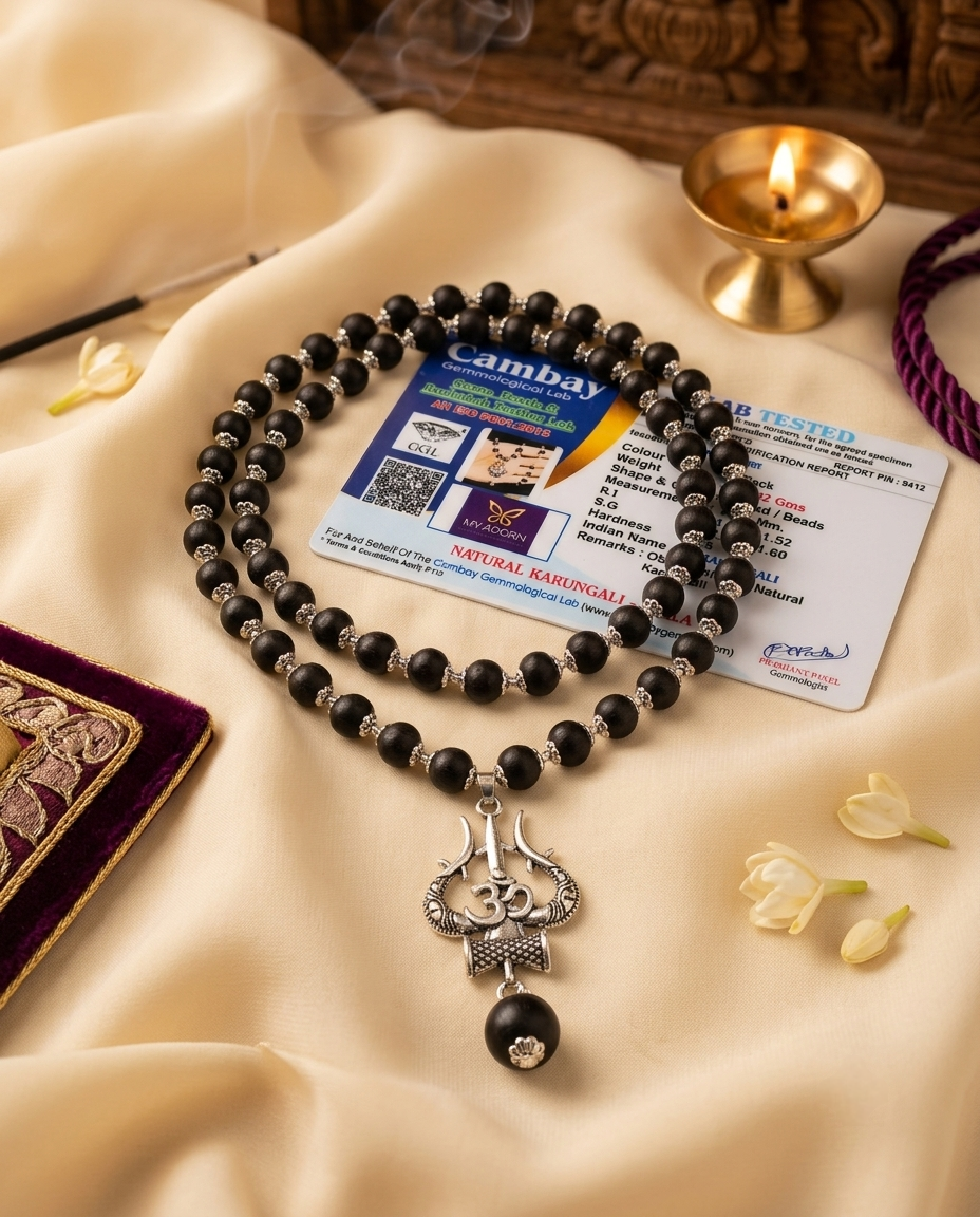 Original 7MM  German Silver Cap Karungali Mala with Om locket, 54 Beads, Lab Certified
