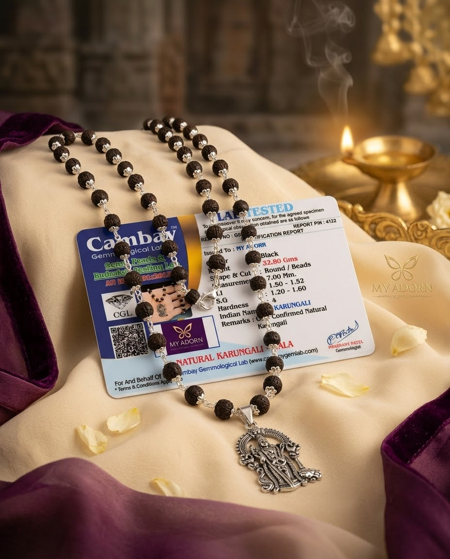 Original 7MM  German Silver Cap Karungali Mala with lord Murugan Pendant, 54 Beads, Lab Certified