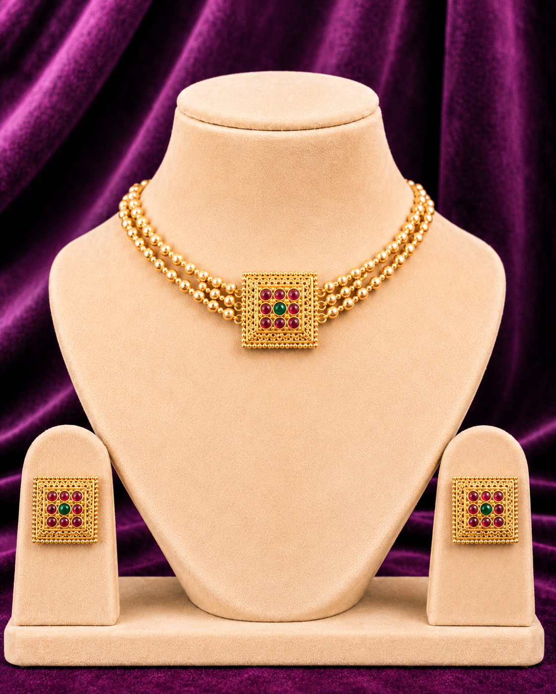 Ruby Square Bead Choker Set