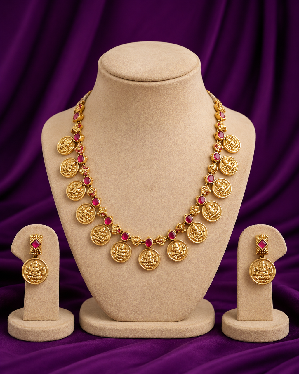 Ruby Lakshmi Coin Necklace Set with Earrings