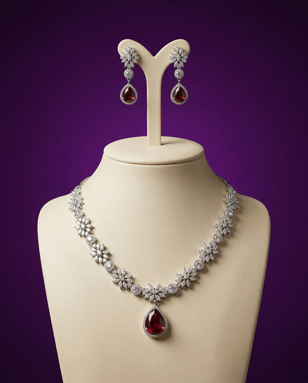 American Diamond Classic Necklace Set – Rhodium Plated Moon Design
