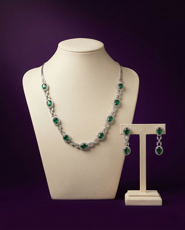 American Diamond Classic Necklace Set – Rhodium Plated Moon Elegance