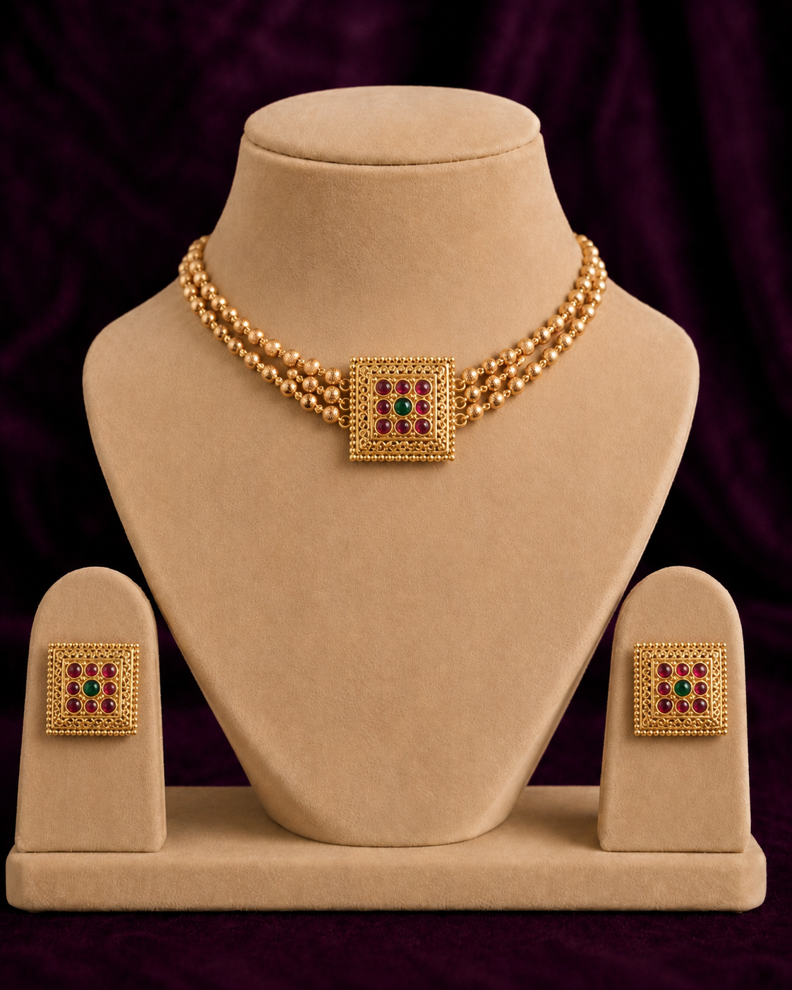 Ruby Square Bead Choker Set