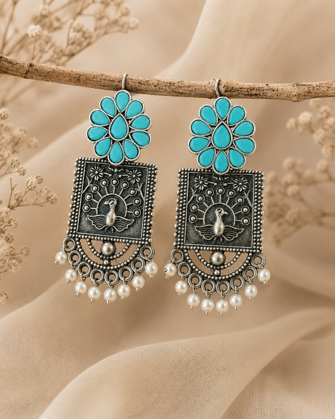 Aqua Bloom Oxidised Earring