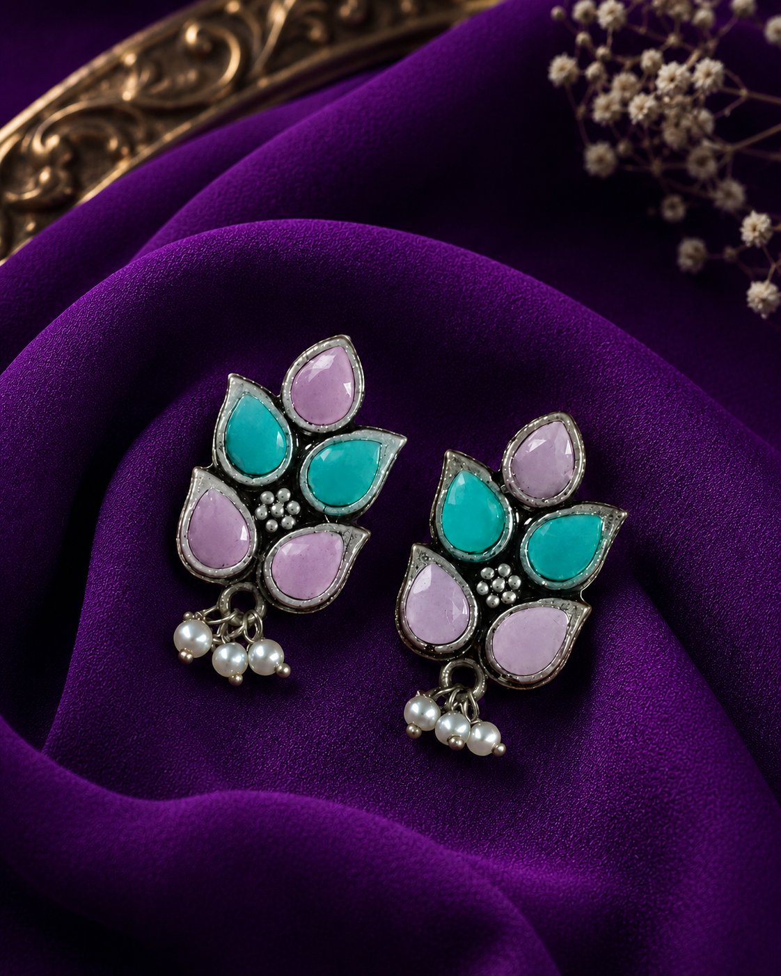 German Silver Lotus Pearl Earrings