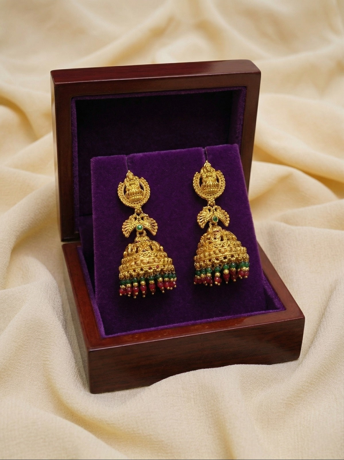 Lakshmi Temple Jhumka Earrings with Multicolor Beads