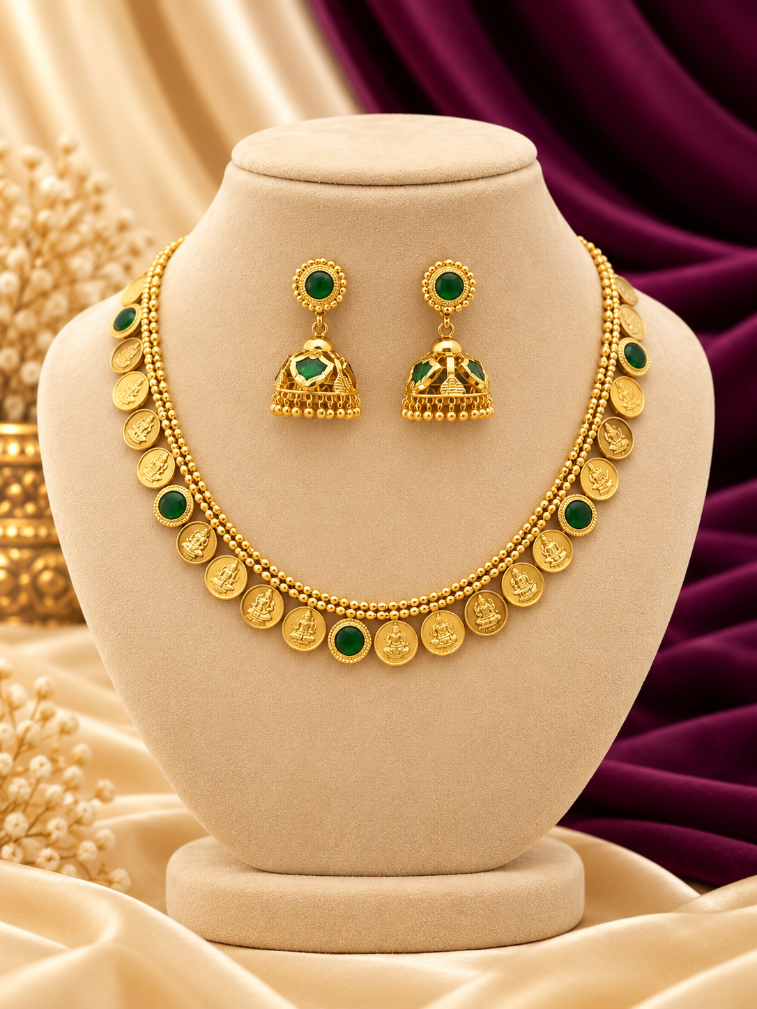 Kerala Lakshmi Kasu Mala Necklace & Jhumka Combo Set