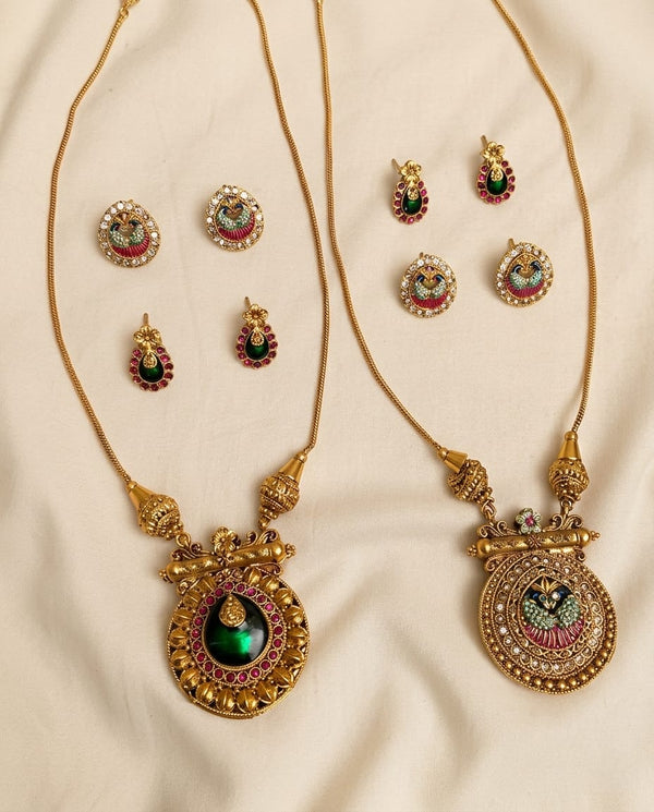 Reversible Peacock and Stone Pendant Necklace Set