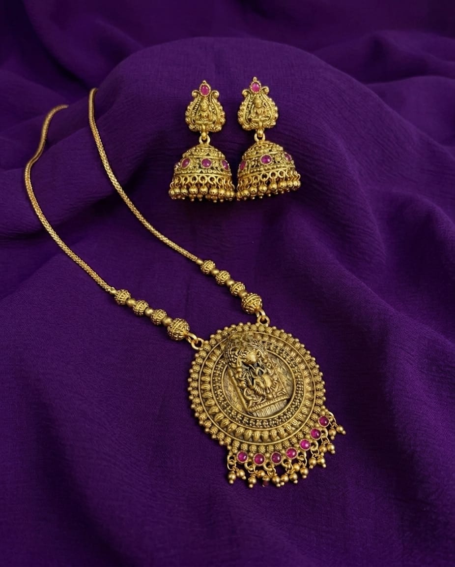 Antique Temple Pendant Necklace Set with Jhumkas