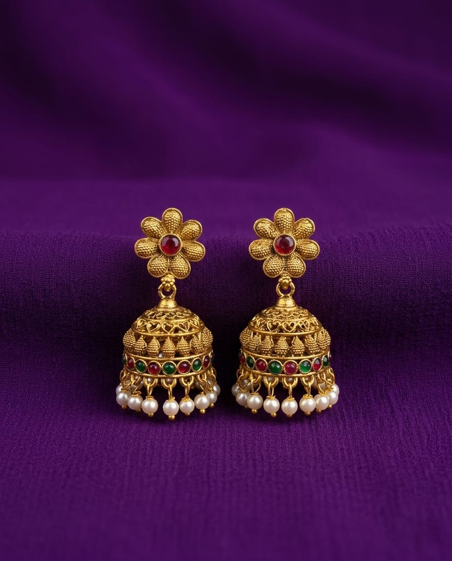 Floral Pearl Drop Jhumka Earrings