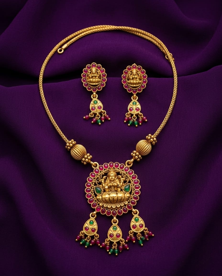 Lakshmi Pendant Necklace Set with Drop Earrings
