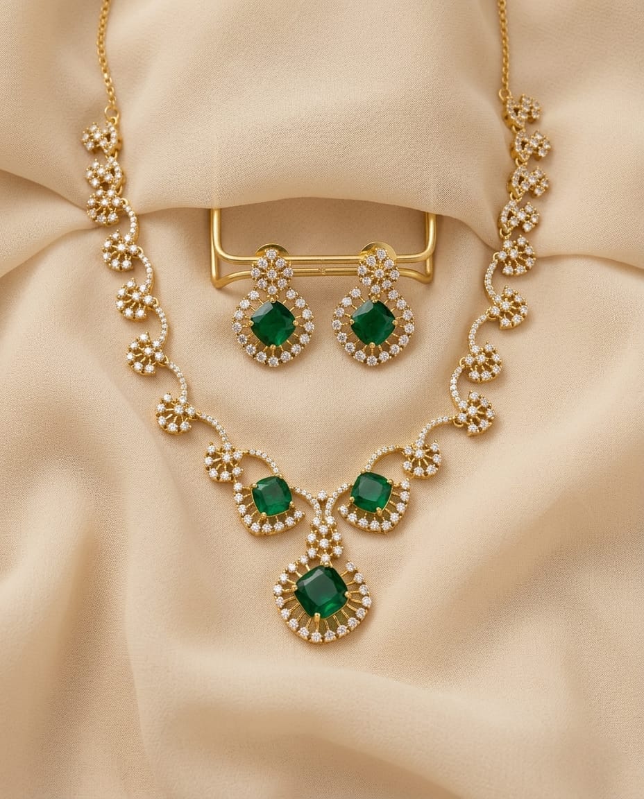 Emerald Stone American Diamond Necklace Set